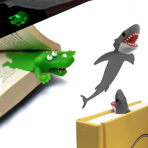 2 Stück Kreatives 3D-Lesezeichen für Erwachsene und Kinder, Cartoon Hai und Krokodil, Lustiges Geschenk für Schüler zum Schulanfang