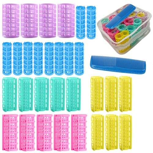 30Pcs Plastic Hair Curlers Rollers Set, Snap on Rollers Self Grip Hairdressing Curlers Hair Curlers No Heat Hair Rollers for Long Medium Short Thin Fine Hair with Mini Comb (5 Sizes)