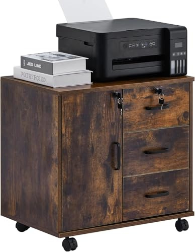 CLIPOP Rollcontainer, Abschließbarer, Aktenschrank, Büroschrank,Braun | Holzschrank mit 3 Schubladen, 1 Geschlossener Stauraum,Bürocontainer Schubladenschrank Druckerständer,Holz
