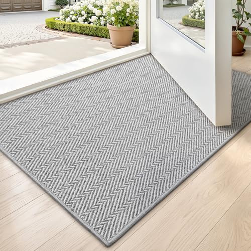 LUMI Ultra Thin Indoor Door Mat for Entrance 17x30, Non Slip Entryway Mat, Low Profile Doormat, Unique Herringbone Design Carpet for Inside, Patio, Porch, Gray