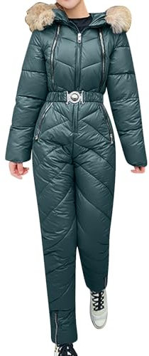 Damen-Skianzug, Einteiler, Schneeanzüge für Damen, Daunenskianzug, einfarbig, Ski-Anzug mit verstellbarer Taille, schmale Passform, Skianzug mit Fellkapuze, Skianzug mit gesteppten Einsätzen, bequemer