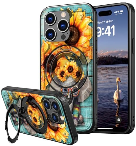 CAPAUNVDA for iPhone 14 Pro 6.1 Case with 360°Magnetic Ring Stand,Enhance Camera Protection Shockproof Case with Ring Holder for iPhone 14 Pro 6.1,Cute Elephant Sunflowers