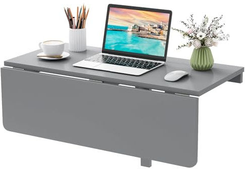 CASART Wall Mounted Table with Drop-Leaf, Multi-use as Computer | Laptop | Children Table Desk, Floating & Folding for Space Saving, Premium Wood, 20kg Capacity (Grey)