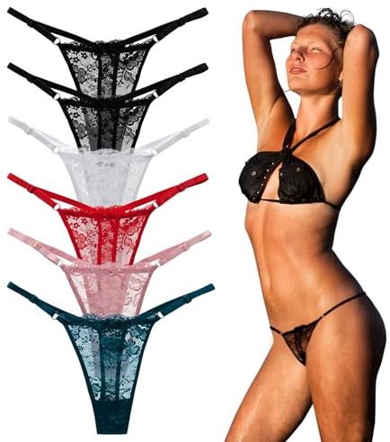UILYNIU 6 Piezas Tangas de Lencería, Tangas de Mujer Encaje Bragas, Suaves y Elásticos Thong Underwear, (FR/ES, Letras, Talla única, Regular, Regular, Multicolor)