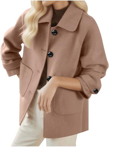 NZYIHAO Manteau court en laine pour femme - Manteau boutonné - Couleur unie - Veste d'hiver tendance - Veste légère en laine - Veste de mi-saison - Veste d'hiver - Veste de loisirs - Coupe-vent