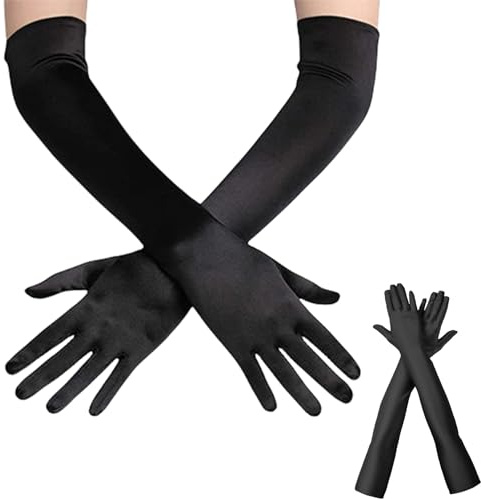1 Paar Lange Handschuhe Damen,Schwarze Handschuhe Elegant,Satin Classic Abendhandschuhe Lang,1920er Black Gloves Costume,Opernhandschuhe,Fingerhandschuhe für Halloween Opera Party Karneval Kostüm