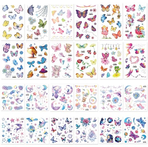 MLPKOI 24 ark glitterstilar, tillfälliga tatueringar, fjärilstatueringar för barn, klistra på barntatueringar, klistermärken klistermärken, tatuering barn, flickor för barns födelsedag, påskpresenter