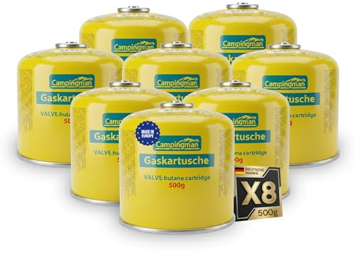 Campingman 8 x 500g Gaskartusche mit Schraubventil EN 417 – Universal Schraubkartusche gaskartusche mit Gewinde – Butangas Kartusche für Campingkocher, Gaskocher, Weber Grill & Camping