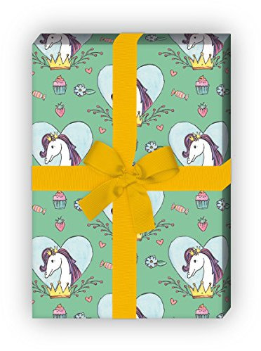 Kartenkaufrausch Mädchen Geschenkpapier Set mit Pferd in Herz mit Krone für tolle Geschenk Verpackung, Designpapier, scrapbooking 32 x 48cm, Dekorpapier, Musterpapier zum Einpacken, auf grün