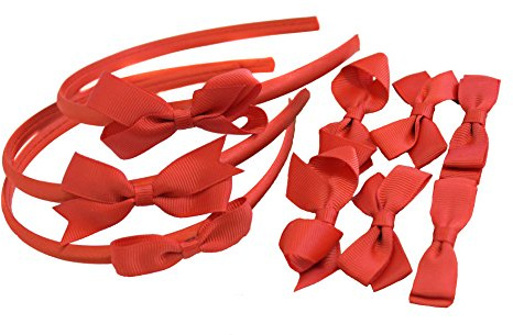 Set pannband 3 par skolrosetter flickor litet hår grosgrain band klämmor hårtillbehör uniform (röd)