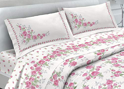 BIANCHERIAWEB Completo Lenzuola in 100% Cotone Fantasia Cloe Matrimoniale Rosa
