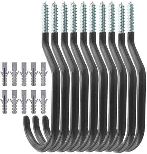 TooTaci - Set di ganci resistenti per appendere biciclette, da avvitare, rivestiti in plastica, da inserire nella parete o sul soffitto, per garage o giardino, confezione da 10, nero