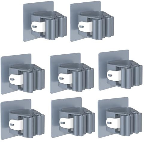 3-H Besenhalterung Wand Selbstklebend, Wandhalterung Besen ohne Bohren, Gerätehalter 8 Stück Set, Besenhalter für Gartengeräte, Werkzeugehlter für Badezimmer Küche Zuhaus Garten Garage, Grau