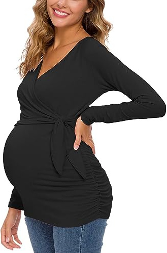 Glampunch Women's Maternity Shirts Short & Long Sleeve Tie Front Wrap Maternity Tops, 03-Black, L