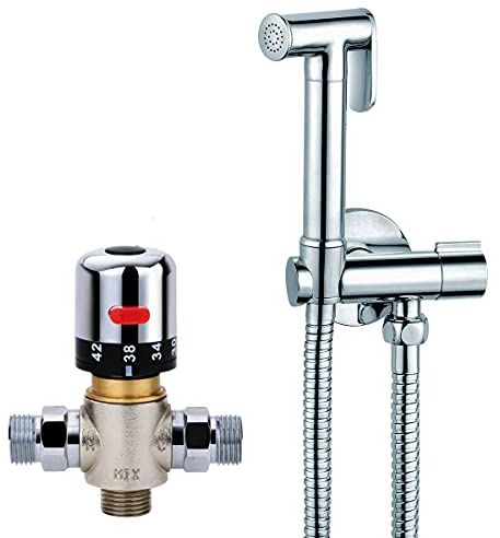 HYGRAD® Bidet Shattaf Douche Spray Multi Use Chrome Hygienic Toilet Shower Thermostatic Mixer Valve Handheld Muslim Bidet Kit with Thermostatic Valve
