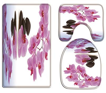A.Monamour Badezimmer Badematte 3 Teilig Set Zen Black Spa Massage Steine ​​Orchidee Blumenwasser Natur Flanell WC Toilette Deckel Deckt Bad Matte Teppich Badteppiche Badvorleger Badgarnitur Vorleger