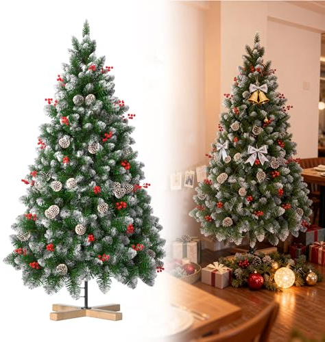 LARS360 Albero di Natale artificiale, albero di Natale bianco con pigne, 210 cm