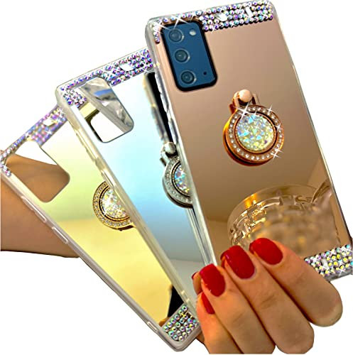 monjour Handyhülle für Samsung Galaxy A22 5G Handy Hülle mit Ring in Rosa + Schminkspiegel Silikon Halterung mit Bling Bling Glitzer Handytasche Brosche