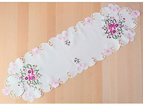 Tischdecke Elke 40 x 140 cm oval edle Stickerei mit rosa Stiefmütterchen & Cutwork aus Polyester
