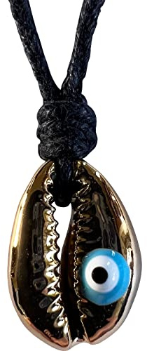 Shiny Gold Colour Sea Shell Evil Eye Pendant Necklace Black Cord Chain Jewellery