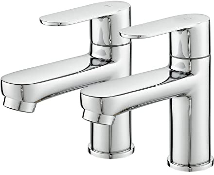 Bathroom Basin Pillar Taps, 2 Pcs Cloakroom Taps, Solid Brass, Chrome | 1/2 C Pair Sink Mixer Faucets, 1/4 Turn, Modern Round Style