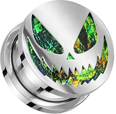 beyoutifulthings Ohr-Tunnel Silber Halloween Fratze Opal-Glitzer Grün Ohr-Piercing Ohr-Schmuck Plug Screw Fit Schraub-Verschluss 8-25mm