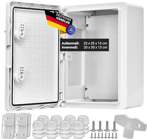 QCAB Wasserdichter Verteilerkasten für den Außenbereich | IP65 | ABS Kunststoff Gehäuse außen | Schaltkasten | Stromkasten | Steckdosenkasten Garten… (25 x 35 x 15 cm)