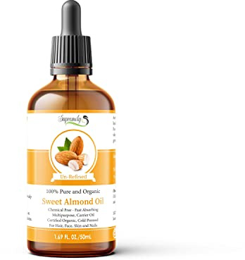 Supremely Sweet Almond Oil | 100% Pure Organic Cold Press Unrefined Carreir Non-Sticky Moisturiser Oil | for Massage Skin Hair Nails Body Care Glass Dropper (50ML)