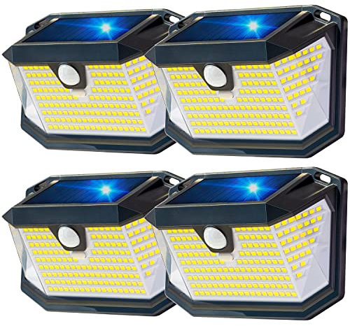 Luz Solar Exterior，Luz Solar Exterior Con Sensor De Movimiento 202LED 3Modos 270° Iluminación，Luz de Pared Solar Impermeable IP65 para Puerta Delantera, Patio, Garaje, Valla de Jardín (Paquete de 4)