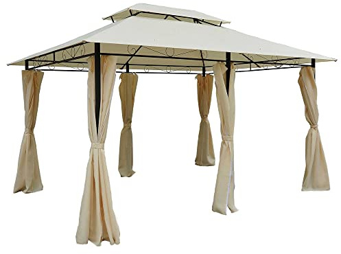 Outsunny Gazebo da Giardino 3x4 m con Tende e Tetto a 2 Livelli in Acciaio e Poliestere, Bianco Crema