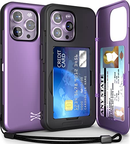 TORU for iPhone 14 Pro Wallet Case with Card Holder, Hidden ID Credit Card Slot Flip Kickstand, Slim Fit Shockproof Heavy Duty Phone Cover with Strap - Purple