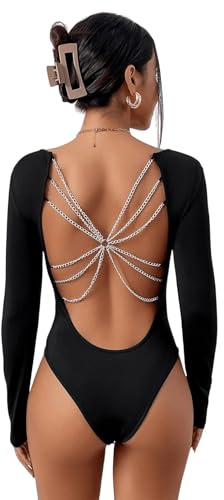 GORGLITTER Body Damen Elegant Bodysuit Rückenfrei Bodys Langarm Festival Bodysuits mit Kette Rave Outfit Oberteil