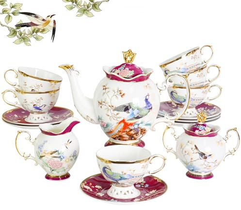 ACMLIFE Bone China Tea Set for Adults with Teapot, Porcelain Tea Party Sets 21-Piece Vintage Floral Fine Bone China Tea Set for 6, 24K Gold English Tea Sets for Women Tea Party for Gifts