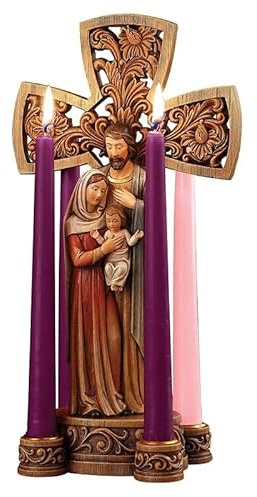 Christmas Holy Family Nativity Advent Wreath - 14 H Cross Candleholder with Figurines of Mother Mary, St Joseph and Baby Jesus