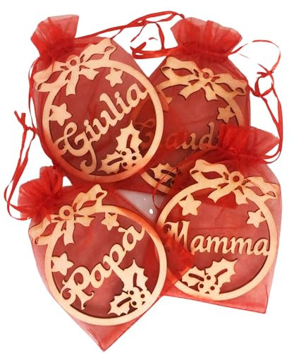 Vestipassioni Set di Palline di Natale Personalizzate Con Nome, Decorazioni Albero di Natale in Legno in Confezione Regalo di Organza, Palline Natale Personalizzate da 10 cm Made in Italy