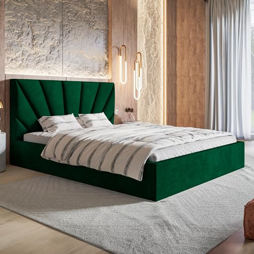 MOTIVENA INES Bett 180x200 Grün Samt, mit Stauraum, mit Kopfteil, mit Lattenrost, ohne Füße, ohne Matratze, Polsterbett 180x200 mit Bettkasten Grün (Dunkelgrün)