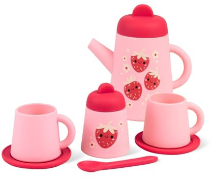 Tiger Tribe Silicone Tea Set for Kids - Strawberry Patch - 9-Piece Playset Includes Teapot and Saucers, Safe Play for Toddlers Age 1+ - Pretend Play Toy