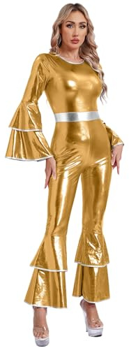 Msemis 70-tals discopatkostym för kvinnor, långärmad glänsande jumpsuit, overall, bodycon bell, flare-byxor, karnevalskostym, guld, M