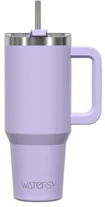 WATERSY 891 ml Vaso con Pajita, Taza Termica Café para Frío y Caliente, Vaso Termico con Asa de Acero Inoxidable, 30oz Tumbler Travel Mug, para Gimnasio, Oficina, Viaje (Morado)