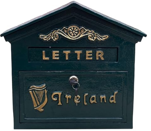 Gaelic Harp Ireland Post Office Letter Box in Green Cast Iron - Wall or Standing (Wall Mount)