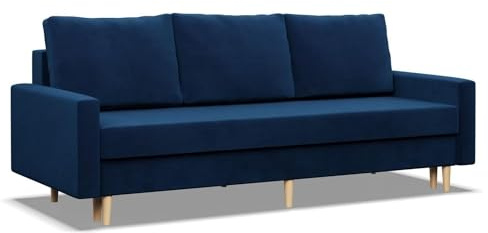 Mebligo - 3 Sitzer Sofa mit Schlaffunktion und Bettkasten Blank, 212 cm Breit, Bonellfederkern im Sitz, Ausziehbares Couch auf Holzfüßen - Blau