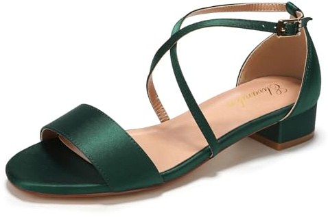 Elivandon J1584 Dam satin lågklackade kvällssandaler öppen tå 3 cm blockklack satin pumpar kväll fest brud bröllopsskor, Mörkgrön, 38.5 EU