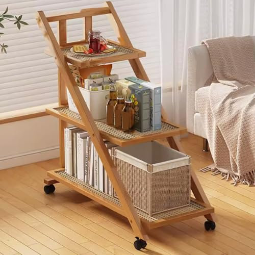 Rattan Tavolino, Tavolini per Spuntini Pieghevoli Tavolo Tavolino da Salotto con 4 Ruote Girevoli, Tavolino Caffe con Ripiani Multifunzione Comodino Salotto Divano Caffè per Soggiorno,Camera da Letto(
