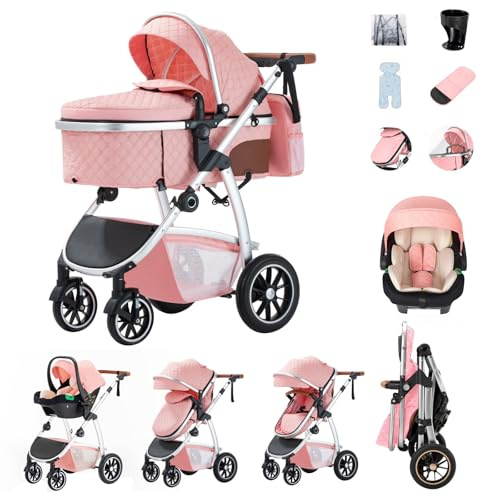 Zkiprm Kinderwagen 3 in 1Reisesystem, Kinder wagen mit verstellbarem Lenker, kinderwagen set mit Sitz | Rahmen aus hochfester Aluminiumlegierung | Komplett mit Zubehör | für von 0 bis 4 Jahren