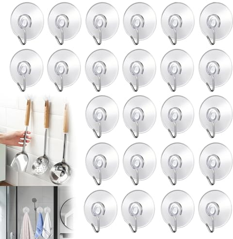 JAONLD 24 Pezzi Ganci Ventosa 4 cm Ganci da Parete con Ventosa di Aspirazione Piccole Ventose in Plastica con Gancio Rotondo Trasparente e Senza Traccia per Piastrelle, Finestre, Vetro, Bagno, Cucina