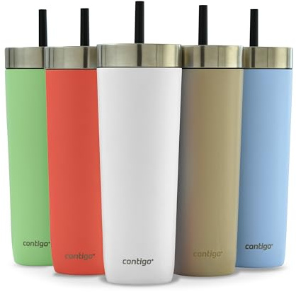 Contigo No-Spill Tumbler with Straw 720 ml | 100% Leak-Proof & Spill-Proof | Stainless Steel Vacuum Insulated Water Bottle with Lid | Cold for 14 Hours | Travel Mug | Thermal Flask | BPA Free