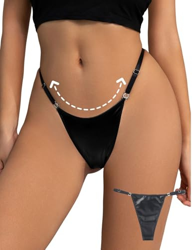 ohyeahlady women's PU Leather G-strings Thongs Cotton Crotch Tangas Soft Seamless Brazilian Knickers Plus Size Rhinestones Black Micro Thong Size UK 10