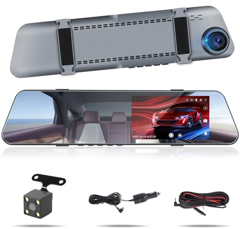 CAMECHO 4.7-Inch 720P Dual Recording Dash Cam with Rearview Mirror Design, Reverse Parking Guidelines, Loop Recording & Auto Exposure Adjustment