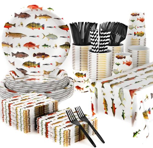 141Pcs Fishing Happy Birthday Party Decorations Fishman Birthday Plates and Napkins Forks Cups Cutlery Tablecloch Supplies Serve 20 Fishing Themed Party Tableware Set Decorations for Baby Shower Decor