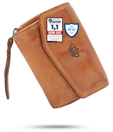 Baur Damen Geldbörse aus extra weichem Waschleder – Geldbeutel im Used-Look mit RFID-Schutz – Kleines Portemonnaie mit vielen Kartenfächern und Münzfach mit Metall-Reißverschluss (Cognac)